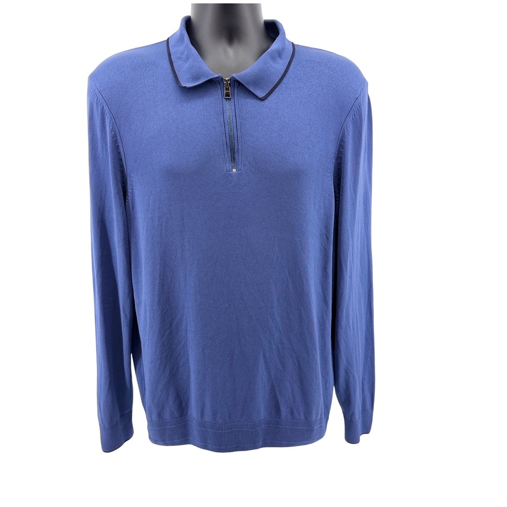 Hugo BOSS Sweater Mens M Quarter Zip Polo Long Sleeve Fine Knit Ribbed Trim